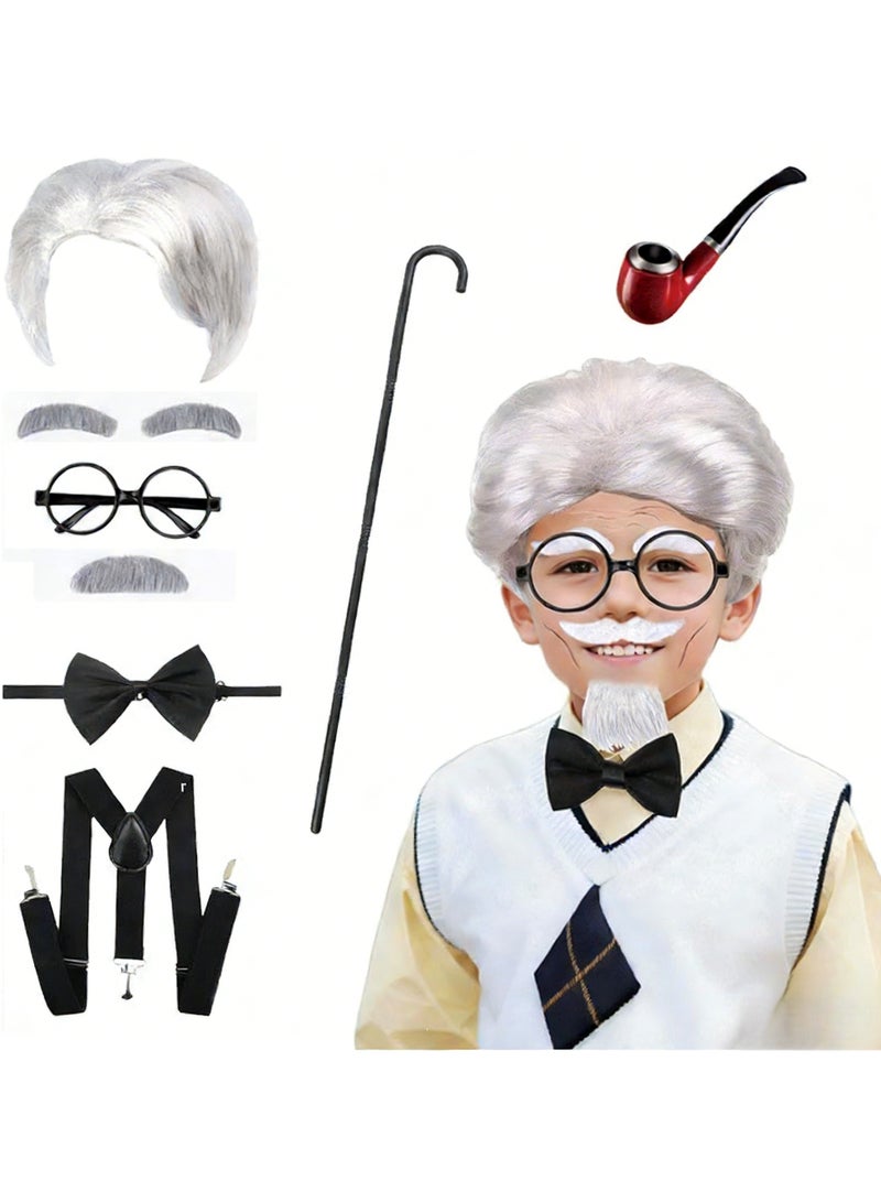 إكسفور باروكة رجل عجوز للأولاد، زي الجد مع شارب رمادي للأطفال، إكسسوارات ملابس اليوم المائة من المدرسة، لتنكر الجد (9 قطع باللون الأبيض) - Image 1